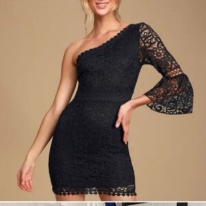 Lulus Elegant Black Lace One-Shoulder Dress XL